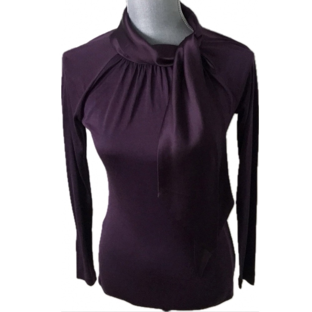 NWT Bill Blass New York Silk tie neck purple burgundy top XS